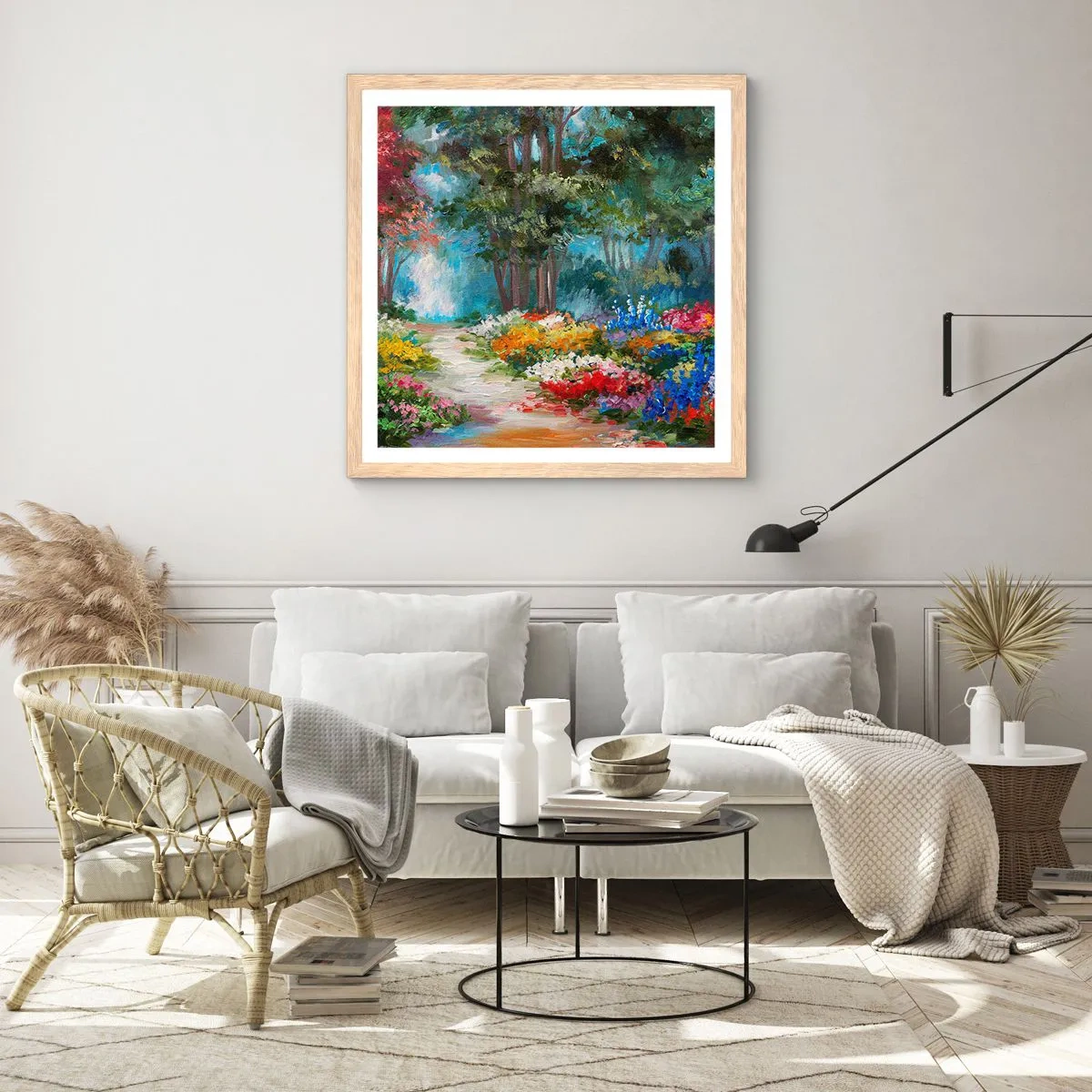 Affiche dans un chêne clair - Poster - Jardin forestier, forêt de fleurs - 60x60 cm