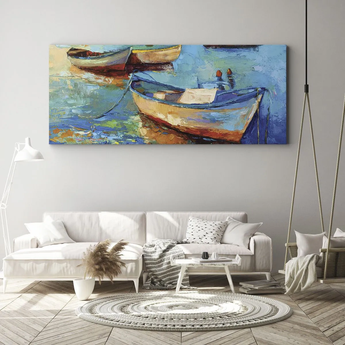 Impression sur toile - Image sur toile - Bateaux colorés amarrés sur une eau calme - 140x50cm - Dans la baie du sud - Décoration murale moderne pour le salon et la chambre ARTTOR