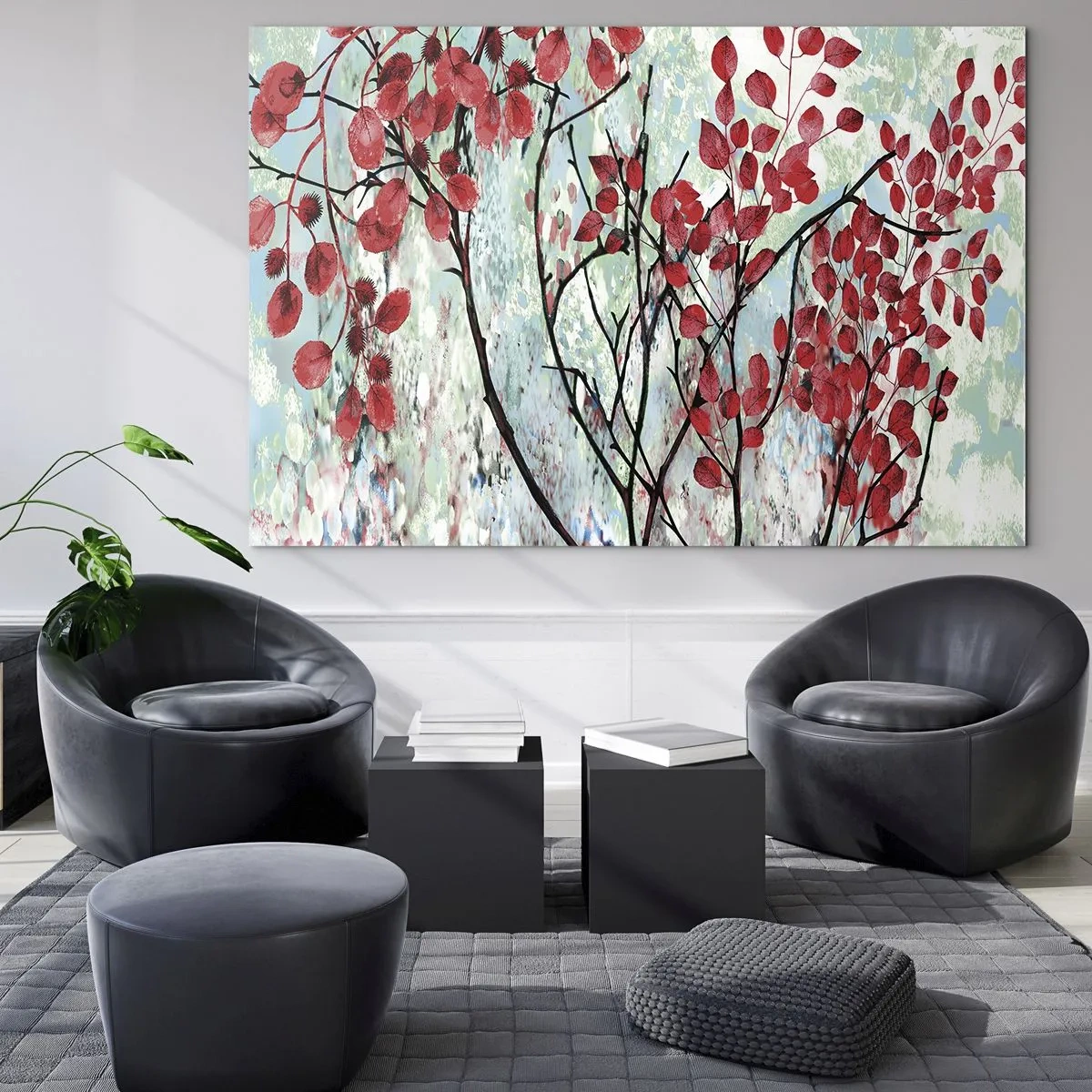 Impression sur verre - Image sur verre - Branches avec des feuilles rouges sur un fond peint - 120x80cm - Arbre en écarlate - Décoration murale moderne pour le salon et la chambre ARTTOR