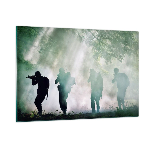 Impression sur verre - Image sur verre - Un groupe de soldats en fumée, marchant dans la forêt, en état d'alerte maximale - 120x80cm - Un pour tous… - Décoration murale moderne pour le salon et la chambre ARTTOR