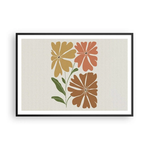Affiche dans un cadre noir - Poster - Trois fleurs aux couleurs chaudes sur un fond clair - 100x70cm - Nature et géométrie - Décoration murale moderne pour le salon et la chambre ARTTOR