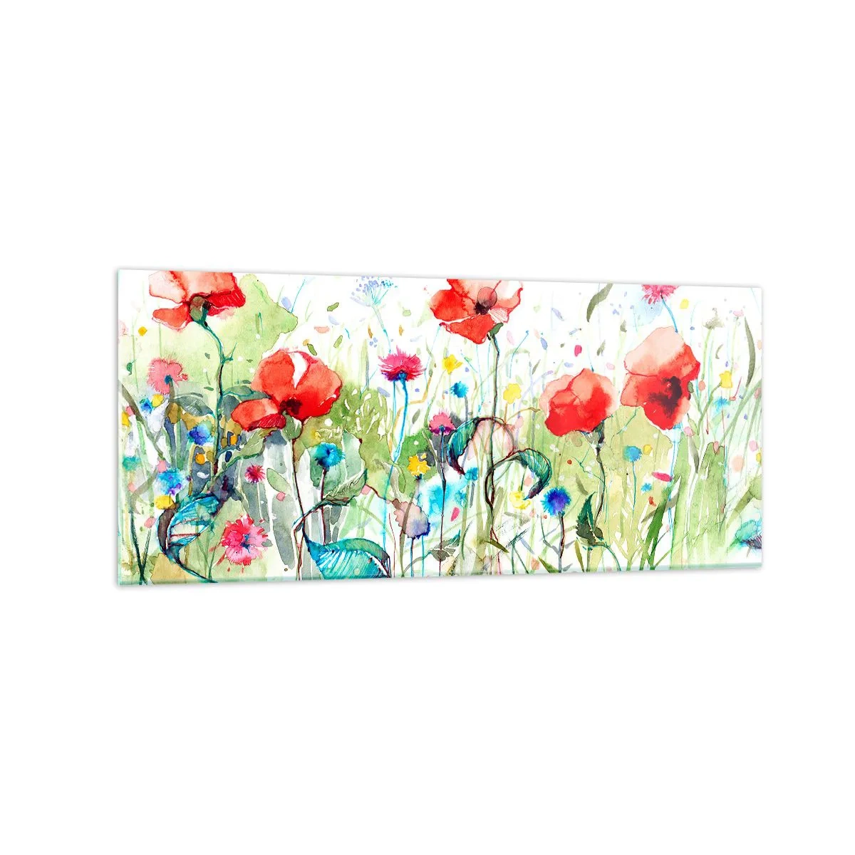 Impression sur verre - Image sur verre - Une prairie avec des coquelicots rouges et des fleurs colorées à l'aquarelle - 120x50cm - Prairie de fleurs en mai - Décoration murale moderne pour le salon et la chambre ARTTOR