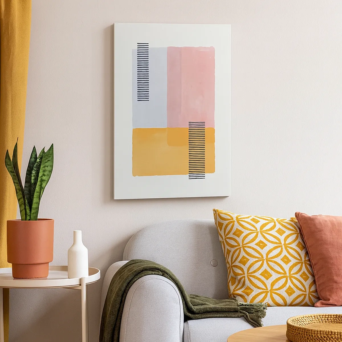Impression sur toile - Image sur toile - Géométrie aux couleurs pastel avec des lignes sur fond clair - 50x70cm - D'un coin à l'autre - Décoration murale moderne pour le salon et la chambre ARTTOR