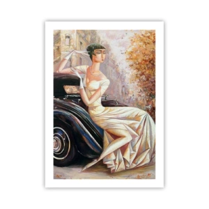 Affiche - Poster - Femme élégante à côté d'une voiture rétro dans un style pictural - 50x70cm - L'élégance dans un style rétro - Décoration murale moderne pour le salon et la chambre ARTTOR