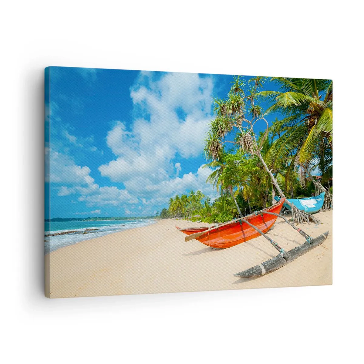 Impression sur toile - Image sur toile - Plage tropicale avec palmiers et bateaux colorés - 70x50cm - Le charme des tropiques - Décoration murale moderne pour le salon et la chambre ARTTOR