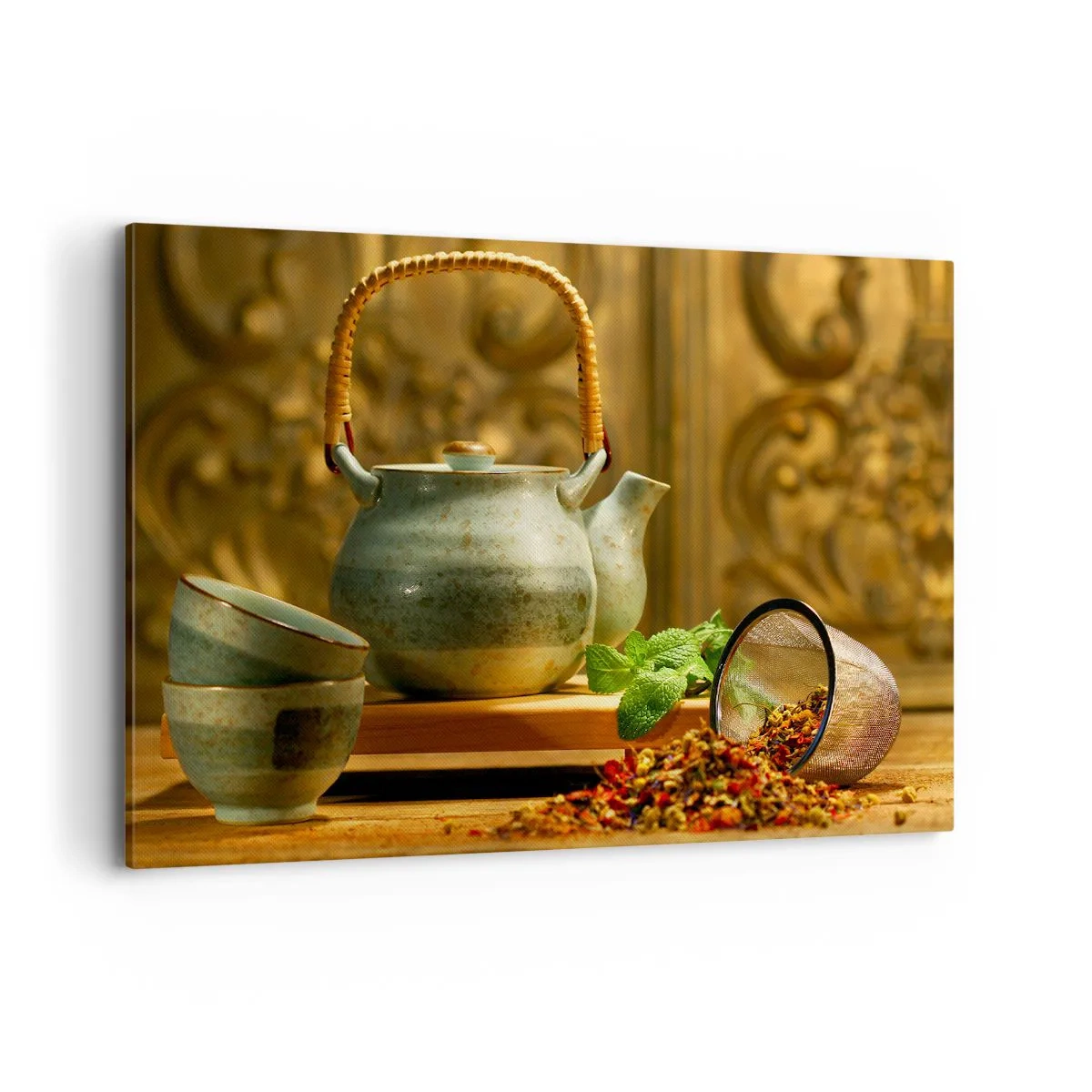 Impression sur toile - Image sur toile - Pichet en céramique avec tasses et thé séché - 120x80cm - Un traité sur la consommation de thé - Décoration murale moderne pour le salon et la chambre ARTTOR