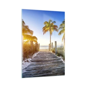 Impression sur verre - Image sur verre - Chemin en bois sur la plage entouré de palmiers - 50x70cm - Directement au paradis - Décoration murale moderne pour le salon et la chambre ARTTOR