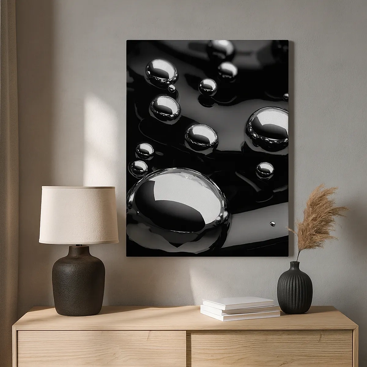 Impression sur toile - Image sur toile - Gouttes abstraites sur une surface noire - 50x70cm - D'un ton noir - Décoration murale moderne pour le salon et la chambre ARTTOR