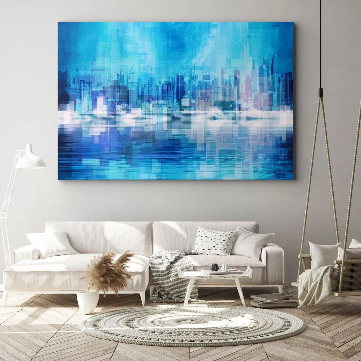 Impression sur toile - Image sur toile - Panorama urbain abstrait dans des tons bleus - 120x80cm - Noyé dans le bleu - Décoration murale moderne pour le salon et la chambre ARTTOR