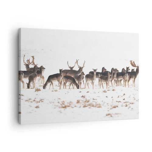 Impression sur toile - Image sur toile - Un troupeau de cerfs sur fond de neige - 70x50cm - Les fêtes approchent ? - Décoration murale moderne pour le salon et la chambre ARTTOR