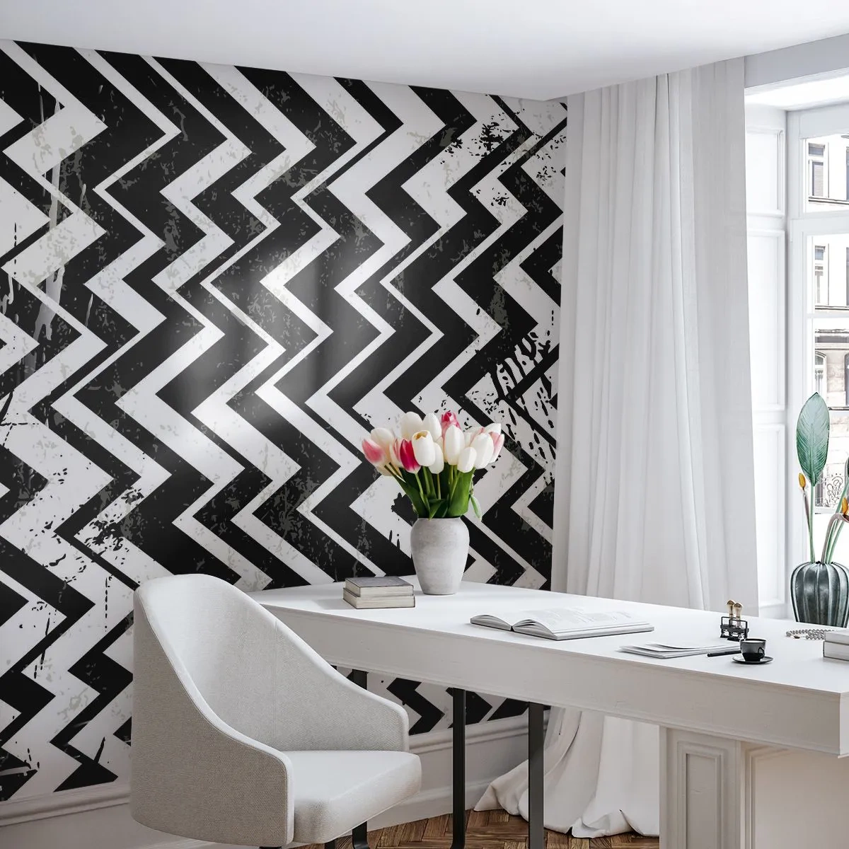 Papier Peint Autocollant Deluxe Sticker - Zig-blanc, zag-noir - Abstraction, Morceau, Noir et blanc - 200x140 cm