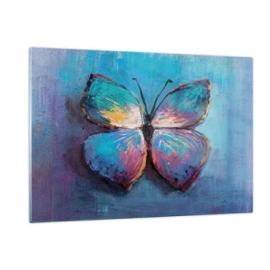 Impression sur verre - Image sur verre - Un papillon coloré sur un fond de couleurs abstraites dans des tons de bleu et de violet. - 120x80cm - Dans toute sa splendeur - Décoration murale moderne pour le salon et la chambre ARTTOR