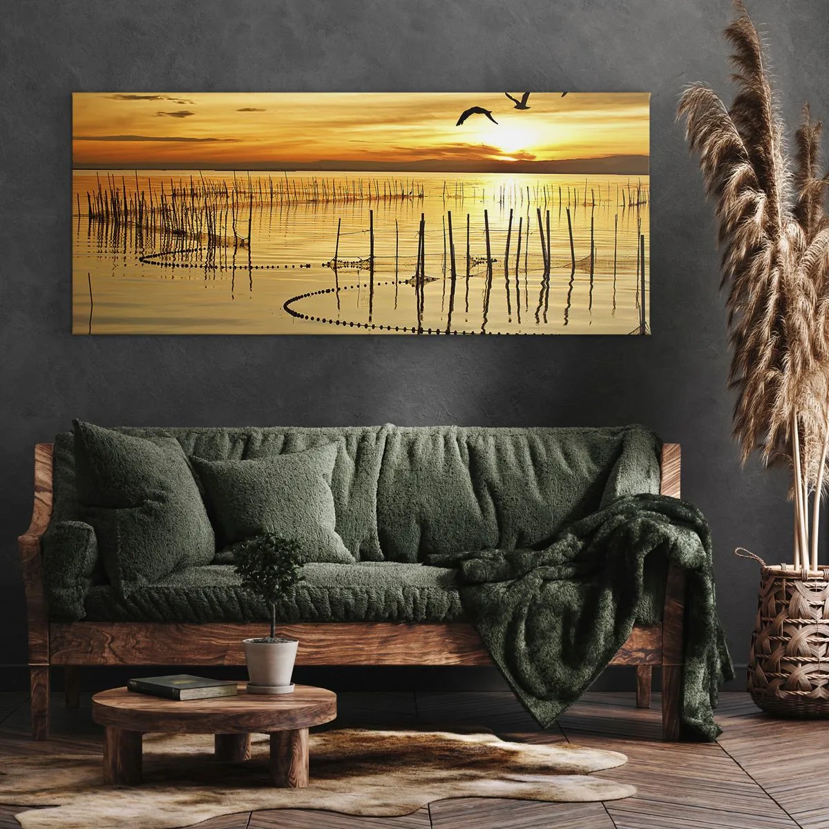 Impression sur toile - Image sur toile - Coucher de soleil sur l'eau avec des oiseaux en vol - 120x50cm - À la pêche - Décoration murale moderne pour le salon et la chambre ARTTOR