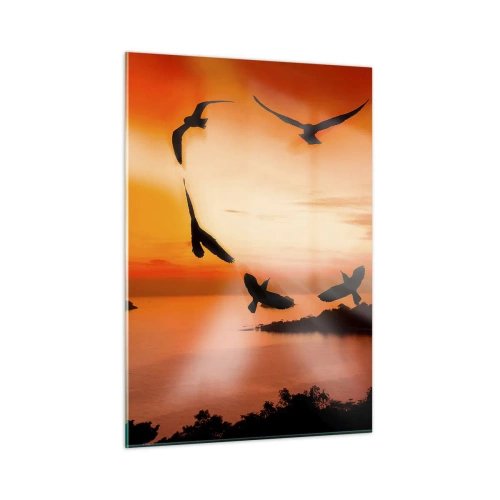 Impression sur verre - Image sur verre - Oiseaux formant un cœur sur fond de coucher de soleil - 50x70cm - Aimer le monde comme les oiseaux - Décoration murale moderne pour le salon et la chambre ARTTOR