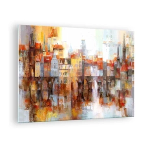 Impression sur verre - Image sur verre - Panorama coloré de la ville avec un pont et un reflet dans l'eau - 70x50cm - C'est aussi beau sous le pont - Décoration murale moderne pour le salon et la chambre ARTTOR