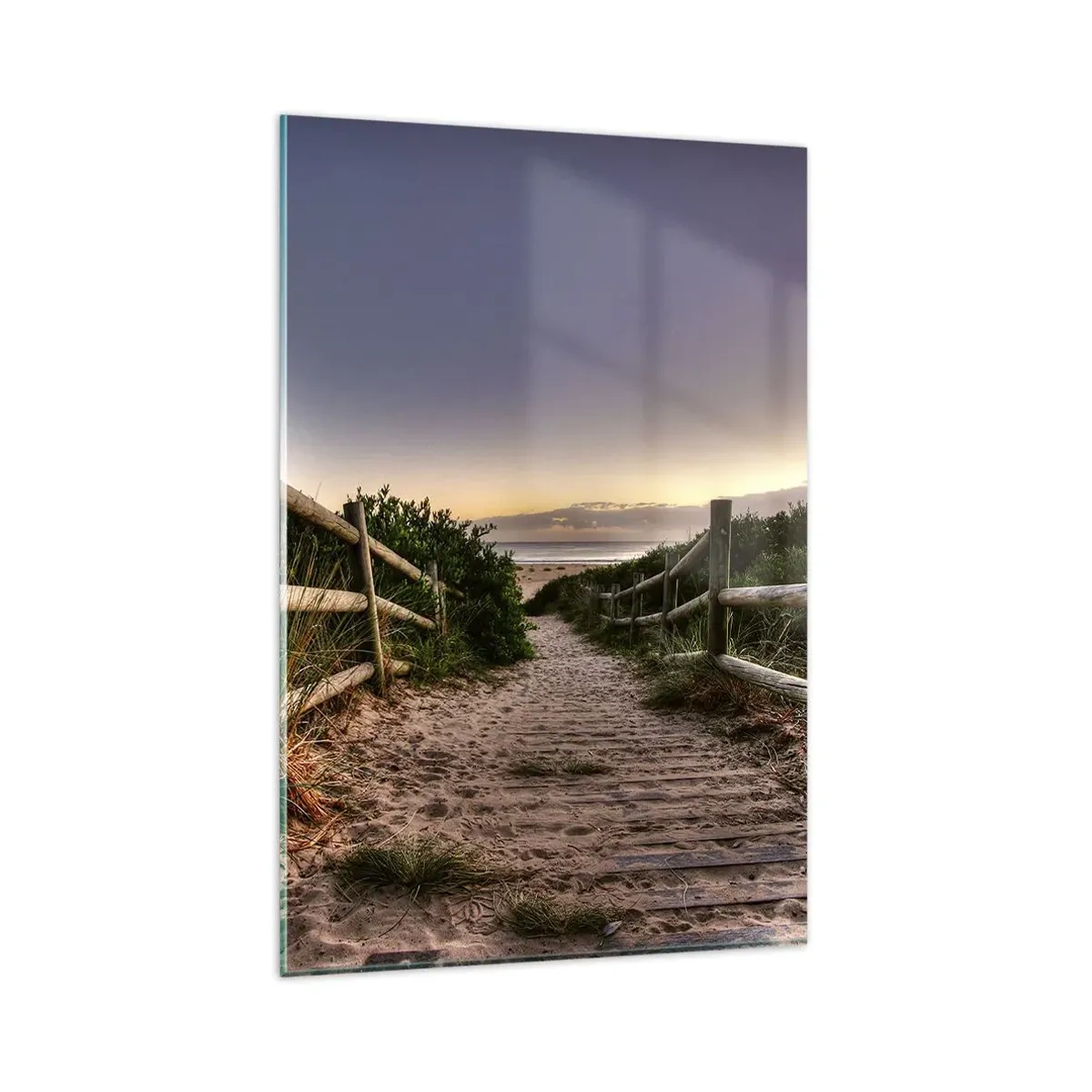 Impression sur verre - Image sur verre - Chemin en bois dans les dunes menant à la plage au coucher du soleil - 80x120cm - On voit déjà le but - Décoration murale moderne pour le salon et la chambre ARTTOR
