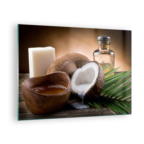 Impression sur verre - Image sur verre - Ingrédients naturels avec de la noix de coco et de l'huile sur un fond en bois - 70x50cm - Santé des îles tropicales - Décoration murale moderne pour le salon et la chambre ARTTOR