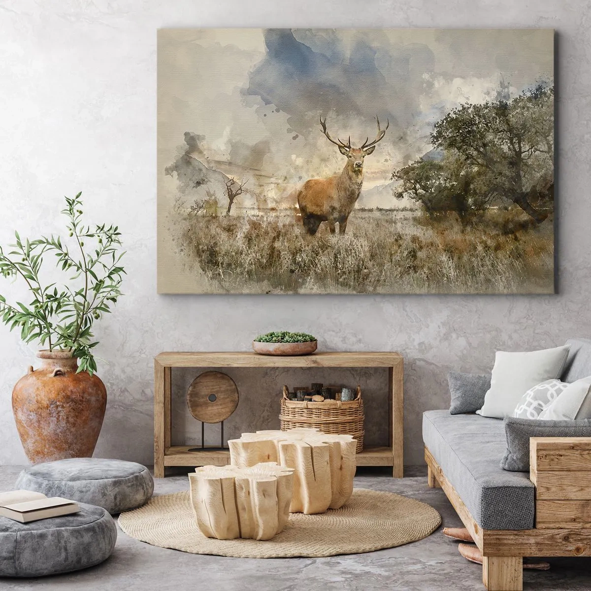 Impression sur toile - Image sur toile - Un cerf dans un cadre naturel dans un style aquarelle - 120x80cm - Dignité - force - majesté - Décoration murale moderne pour le salon et la chambre ARTTOR