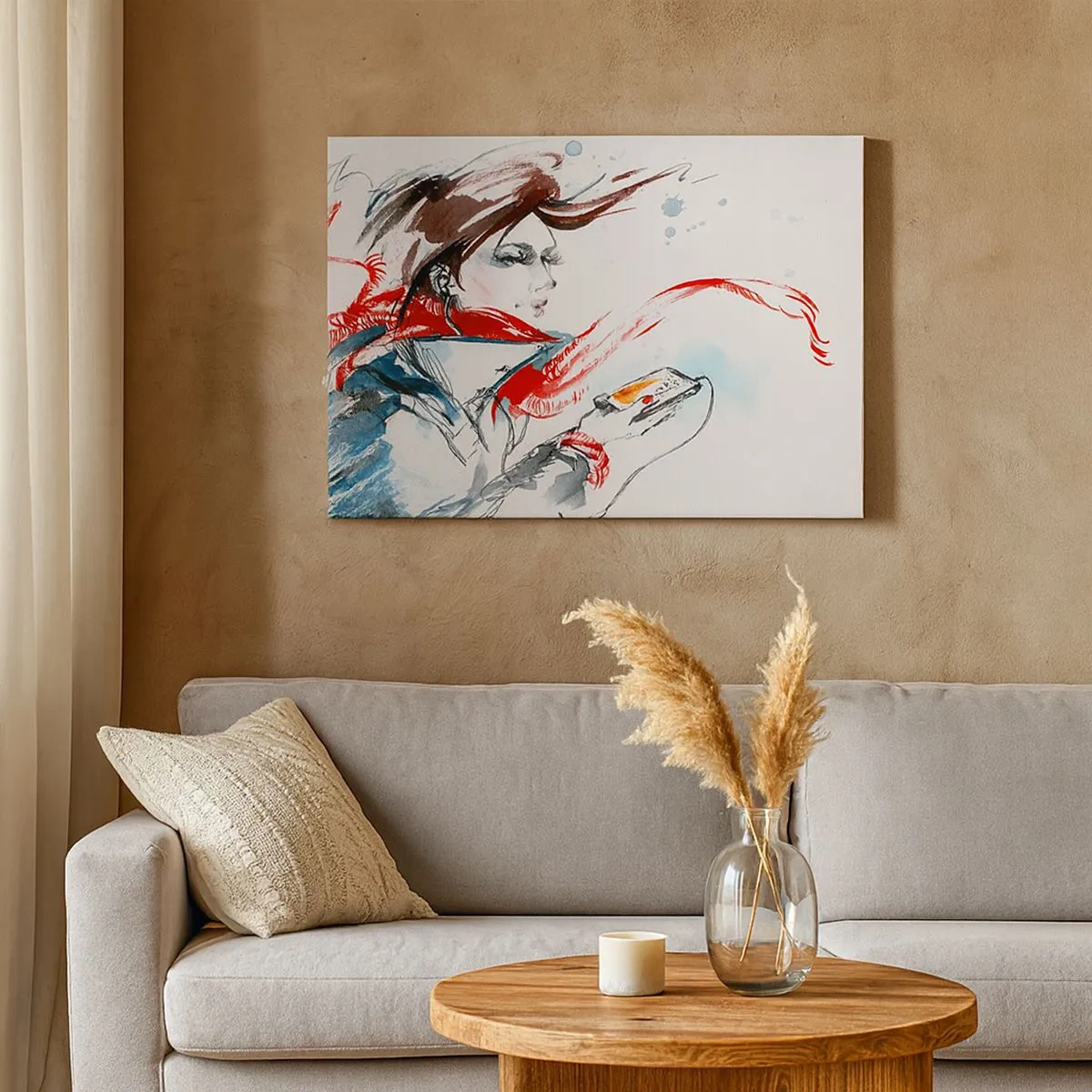 Impression sur toile - Image sur toile - Une femme portant un foulard rouge avec des traits d'aquarelle dynamiques - 70x50cm - Quelque chose se passe en moi - Décoration murale moderne pour le salon et la chambre ARTTOR