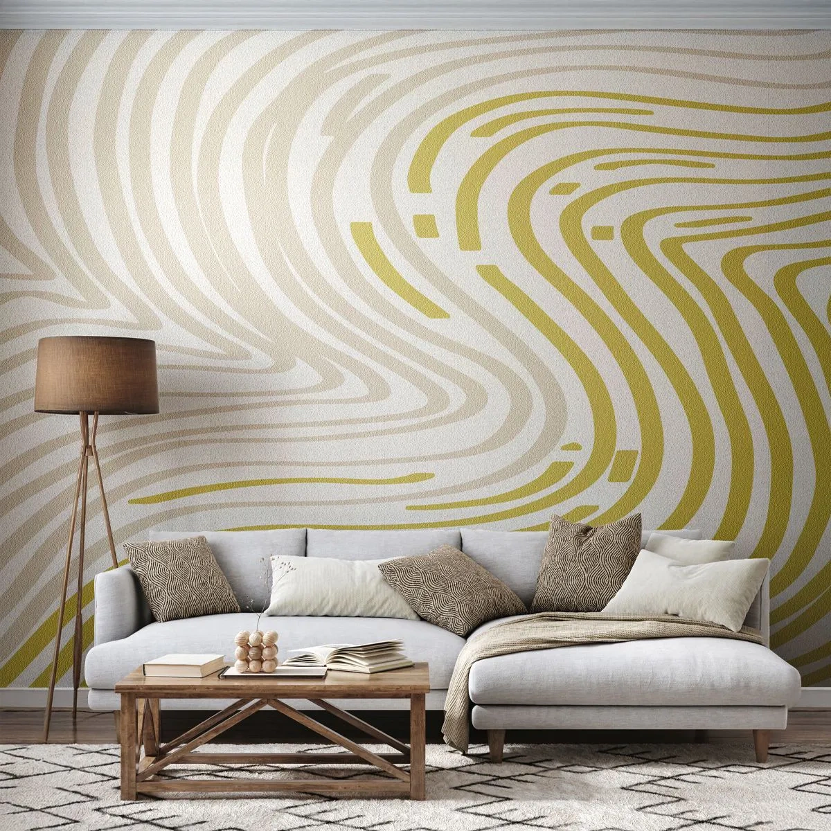 Papier Peint Photo Premium Sand - Lignes ondulées jaunes et beiges sur fond blanc dans un style abstrait. - 100x70cm - Une composition au léger virage - Décoration murale moderne pour le salon et la chambre ARTTOR