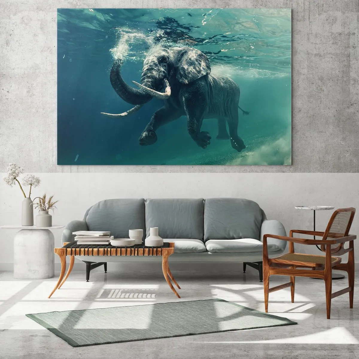 Impression sur verre - Image sur verre - Un éléphant nageant sous l'eau dans l'océan bleu - 120x80cm - Tout le monde aime nager - Décoration murale moderne pour le salon et la chambre ARTTOR