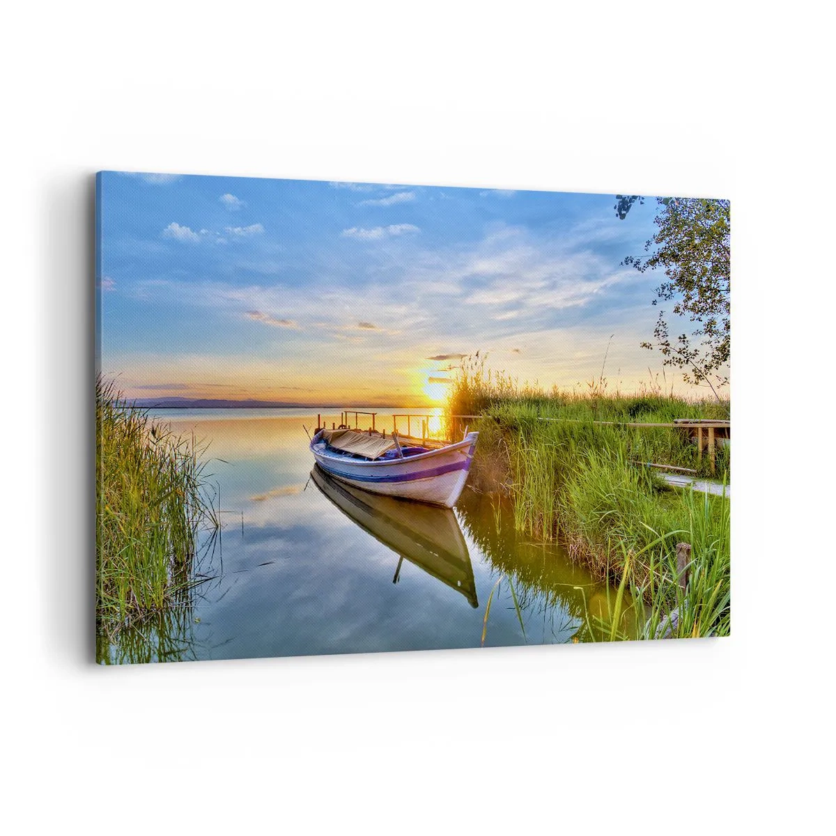 Impression sur toile - Image sur toile - Un bateau dans une baie tranquille au coucher du soleil - 120x80cm - La crique où les rêves deviennent réalité - Décoration murale moderne pour le salon et la chambre ARTTOR