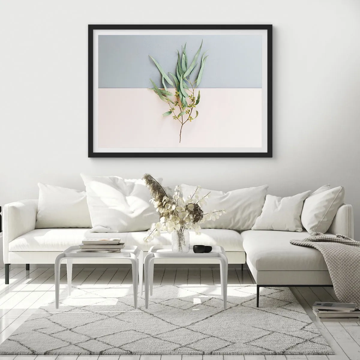 Affiche dans un cadre noir - Poster - Une branche avec des feuilles sur un fond de tons pastel - 70x50cm - Subtilité pastel - Décoration murale moderne pour le salon et la chambre ARTTOR