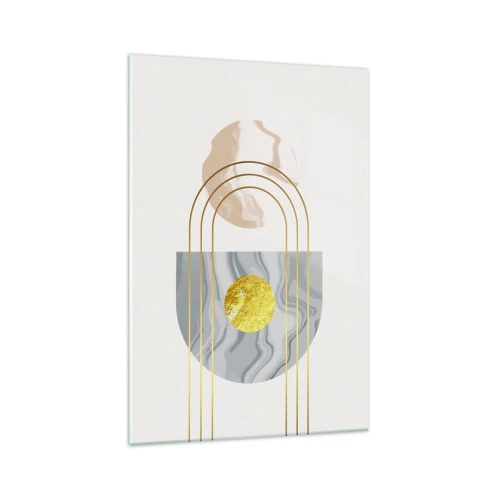 Impression sur verre - Image sur verre - Composition abstraite avec des cercles et des lignes dorées sur fond clair. - 70x100cm - Clareté et brillance - Décoration murale moderne pour le salon et la chambre ARTTOR