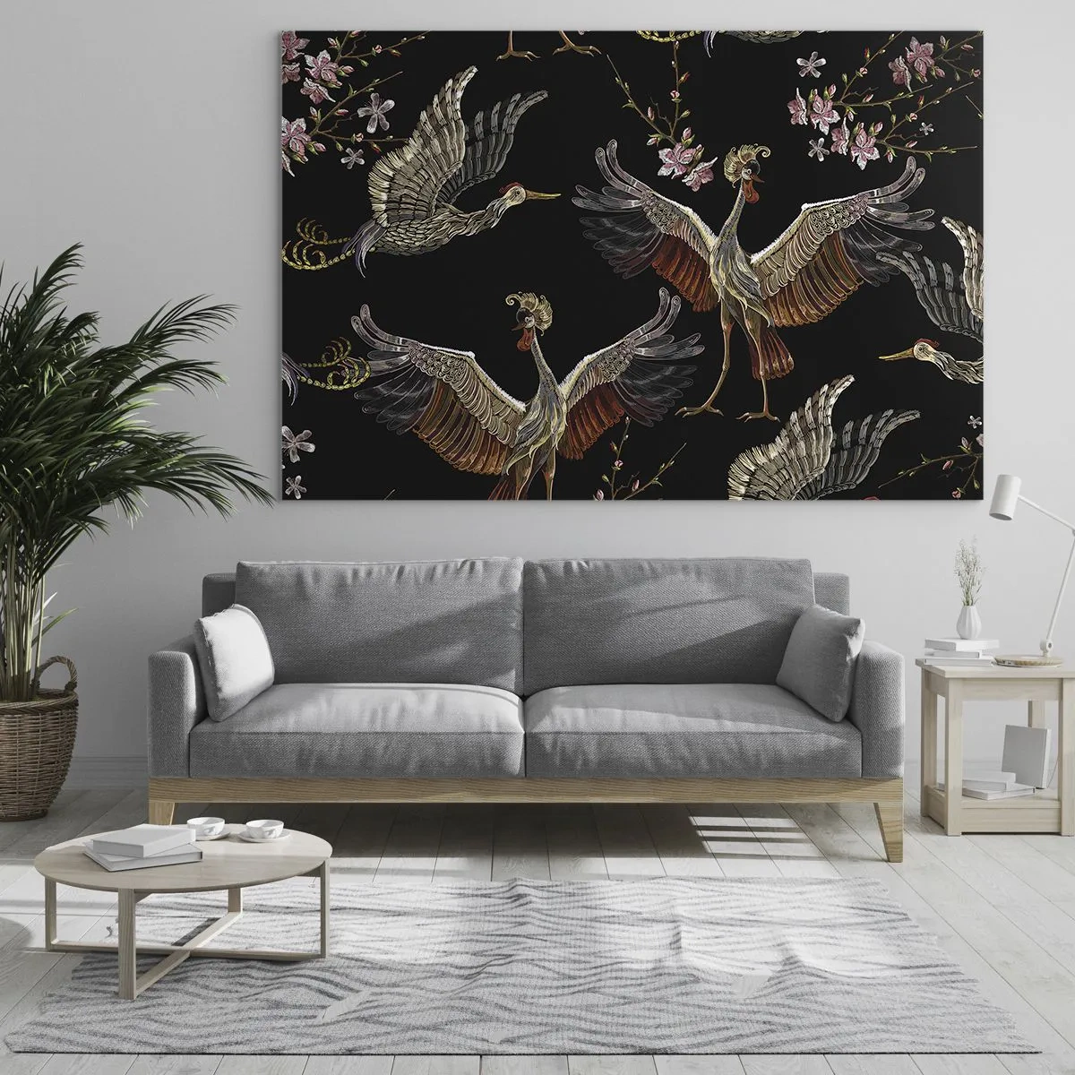 Impression sur verre - Image sur verre - Oiseaux en vol avec des fleurs sur fond noir, style rétro - 120x80cm - Un oiseau de conte de fées - Décoration murale moderne pour le salon et la chambre ARTTOR
