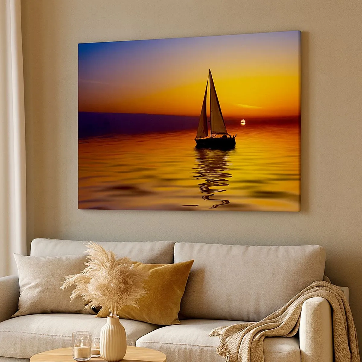 Impression sur toile - Image sur toile - Un voilier sur une mer calme au coucher du soleil - 70x50cm - Comme c'est calme au crépuscule… - Décoration murale moderne pour le salon et la chambre ARTTOR