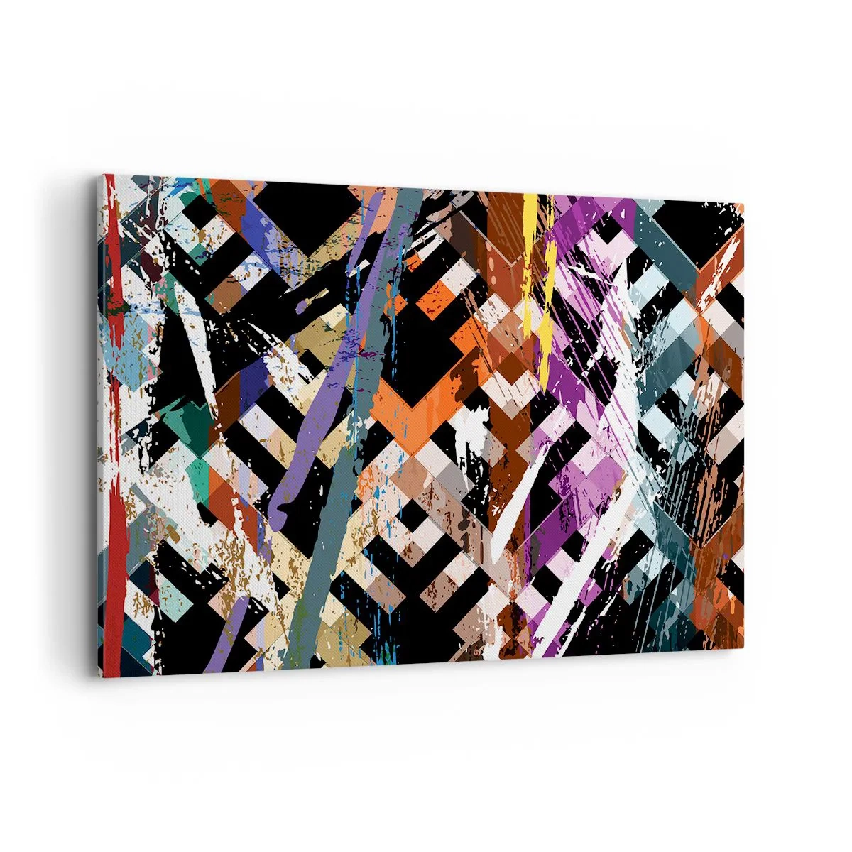 Impression sur toile - Image sur toile - Composition abstraite avec des lignes colorées sur fond noir - 100x70cm - Se mettre au carré - Décoration murale moderne pour le salon et la chambre ARTTOR