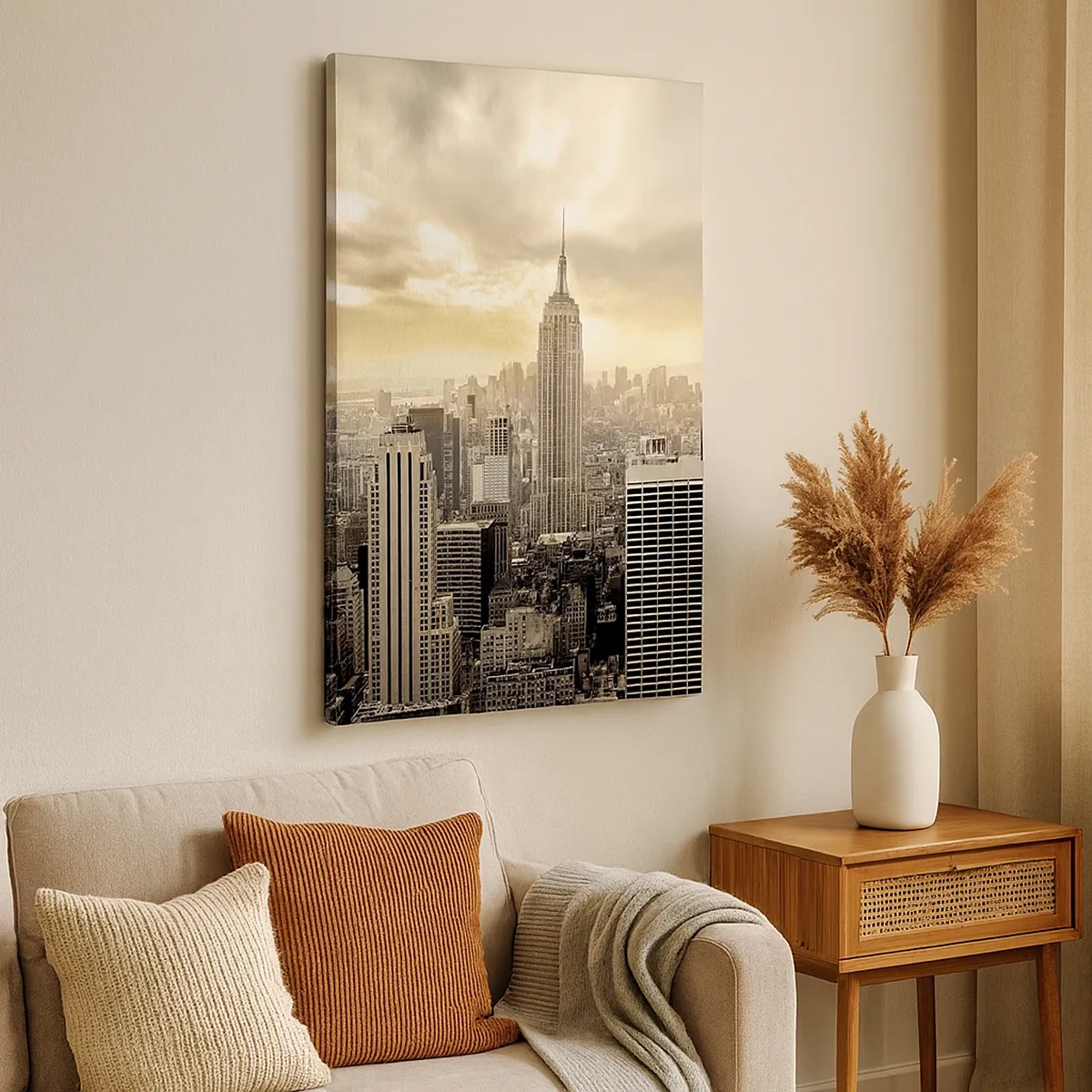 Impression sur toile - Image sur toile - Panorama de la ville avec vue sur l'Empire State Building - 50x70cm - New York tissé de gris - Décoration murale moderne pour le salon et la chambre ARTTOR