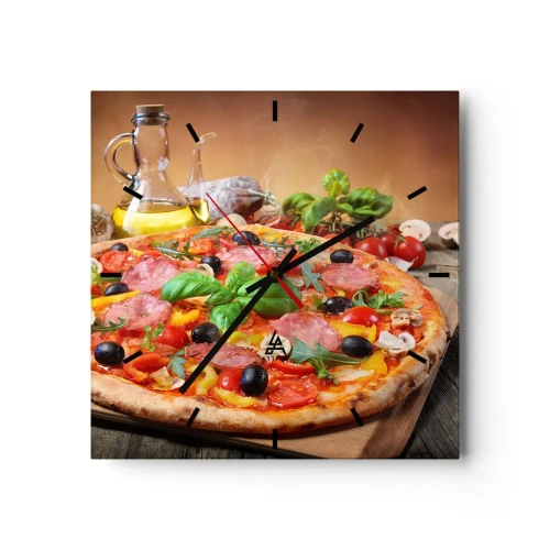 Horloge murale - Pendule murale - Pizza appétissante sur une table en bois avec garnitures - 30x30cm - Avec une vraie saveur italienne - Décoration murale moderne pour le salon et la chambre ARTTOR