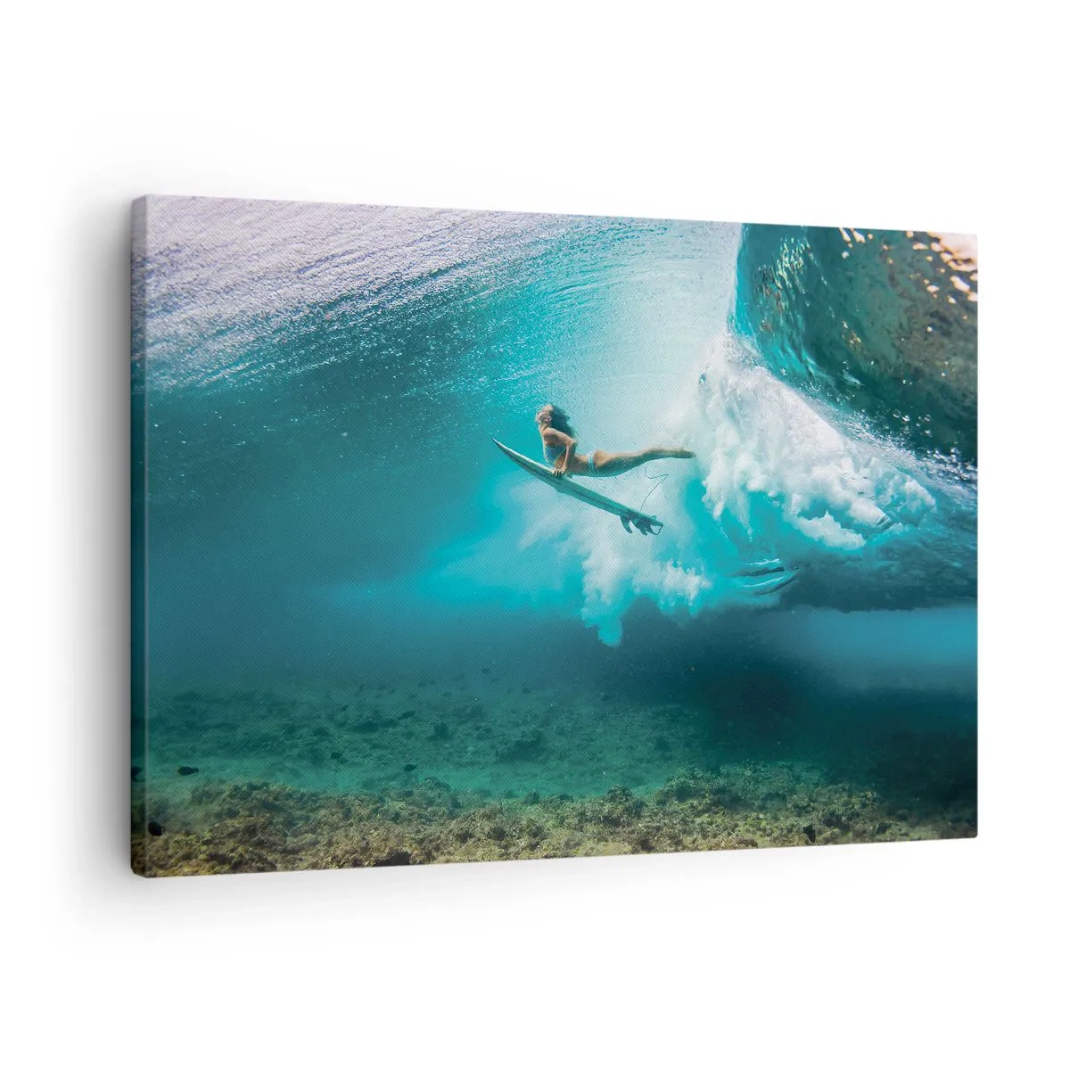 Impression sur toile - Image sur toile - Surfeur sous une vague dans l'eau bleue de l'océan - 70x50cm - Monde sous marin - Décoration murale moderne pour le salon et la chambre ARTTOR
