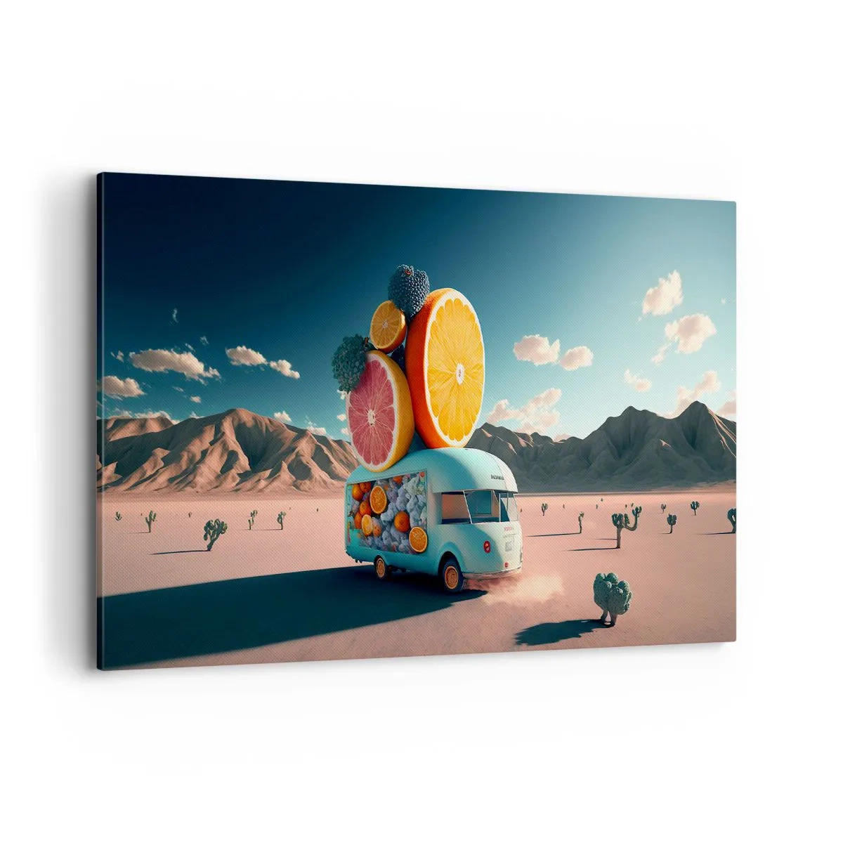 Impression sur toile - Image sur toile - Camion de fruits dans un paysage désertique - 120x80cm - Le goût des vacances - Décoration murale moderne pour le salon et la chambre ARTTOR