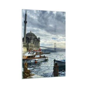 Impression sur verre - Image sur verre - Vue de la mosquée, du pont et des bateaux sur le quai - 50x70cm - Aux confins des mondes - Décoration murale moderne pour le salon et la chambre ARTTOR