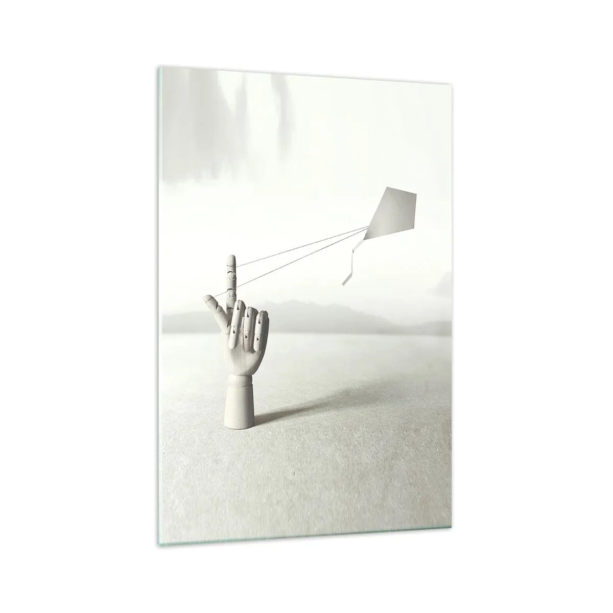 Impression sur verre - Image sur verre - Une main en bois minimaliste avec un cerf-volant sur un fond de paysage. - 70x100cm - Épreuve de force - Décoration murale moderne pour le salon et la chambre ARTTOR