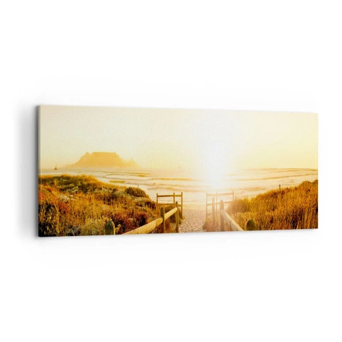 Impression sur toile - Image sur toile - Chemin vers la plage pendant un coucher de soleil doré - 120x50cm - A travers la dune, vers le soleil - Décoration murale moderne pour le salon et la chambre ARTTOR
