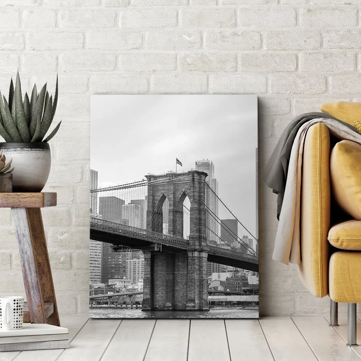 Impression sur toile - Image sur toile - Pont de Brooklyn avec les gratte-ciel de New York en arrière-plan - 80x120cm - Climat New-Yorkais - Décoration murale moderne pour le salon et la chambre ARTTOR