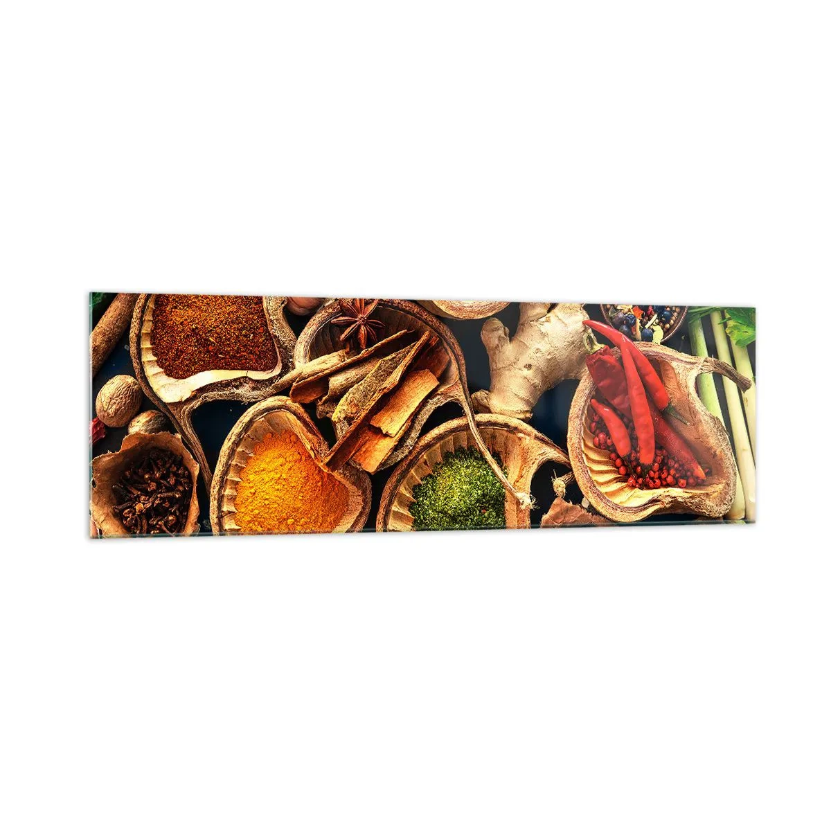 Impression sur verre - Image sur verre - Bols d'épices de différentes couleurs - 160x50cm - Prends ce que tu veux - Décoration murale moderne pour le salon et la chambre ARTTOR