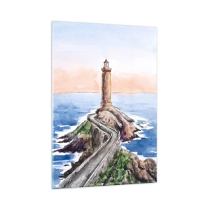 Impression sur verre - Image sur verre - Un phare sur un promontoire rocheux entouré d'une mer calme - 50x70cm - Face à la mer - Décoration murale moderne pour le salon et la chambre ARTTOR