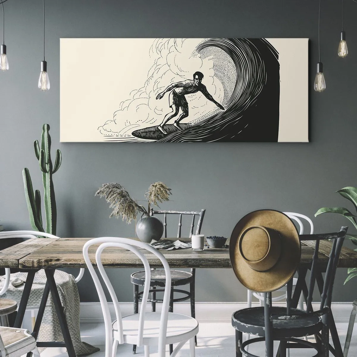 Impression sur toile - Image sur toile - Graphique en noir et blanc d'un surfeur sur une vague - 160x50cm - Le roi de la vague - Décoration murale moderne pour le salon et la chambre ARTTOR