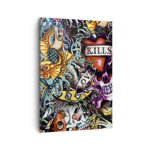 Impression sur toile - Image sur toile - Œuvre d'art colorée de style tatouage avec des crânes et des motifs nautiques - 50x70cm - Le rêve du tatoueur - Décoration murale moderne pour le salon et la chambre ARTTOR