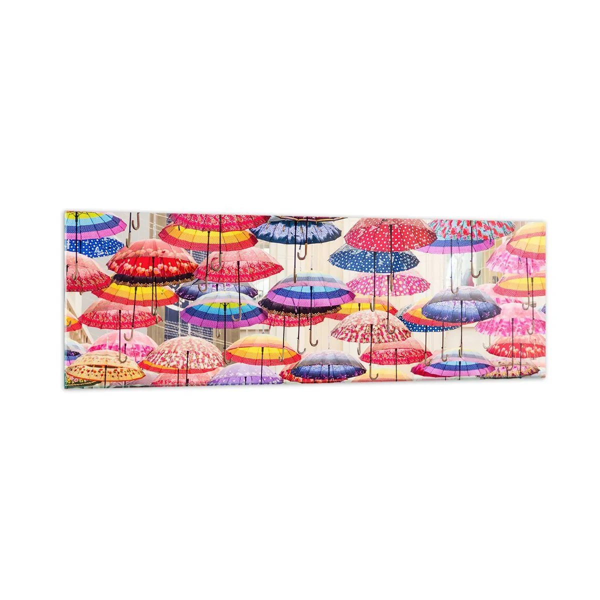 Impression sur verre - Image sur verre - Parapluies colorés suspendus dans les airs - 160x50cm - Prairie de la ville - Décoration murale moderne pour le salon et la chambre ARTTOR