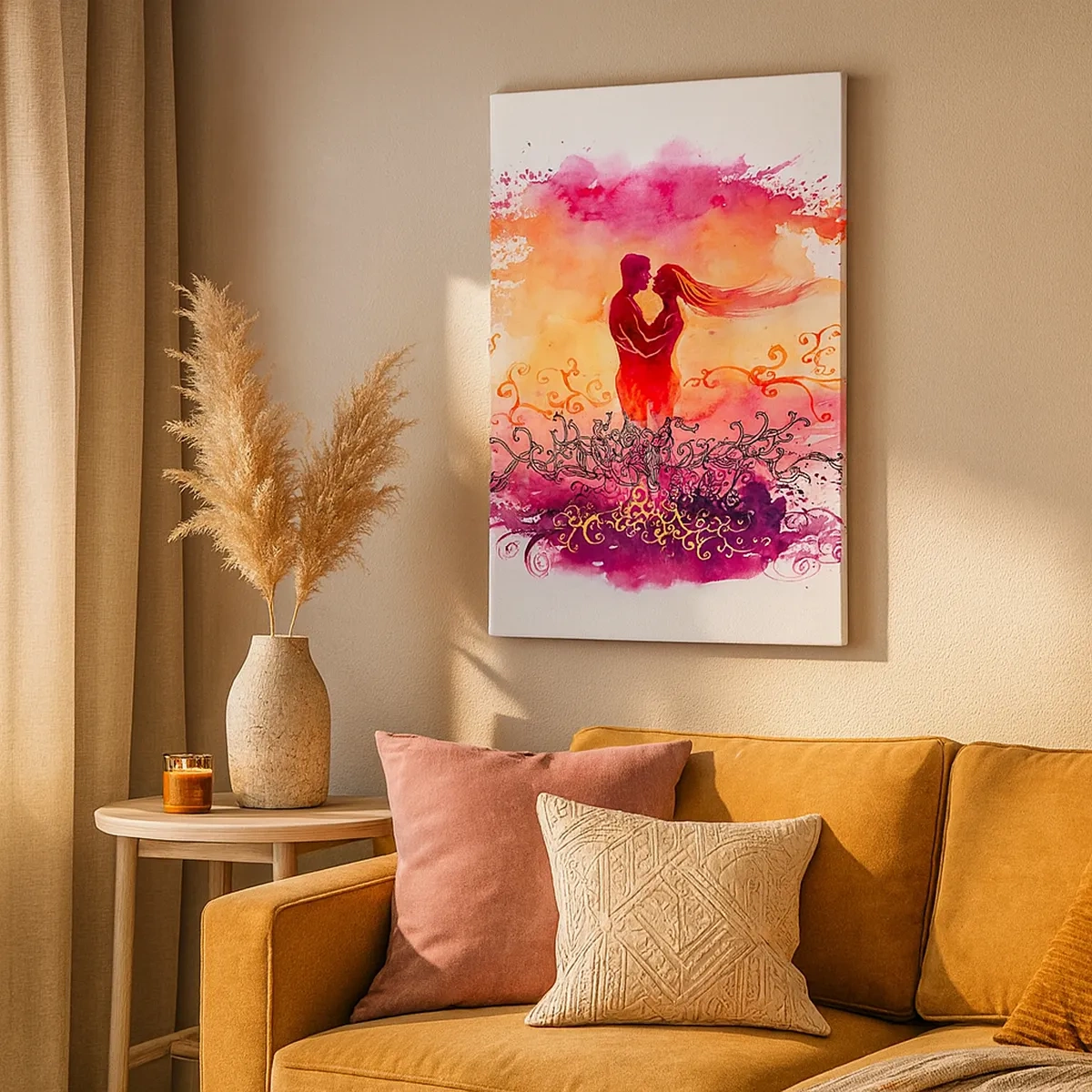 Impression sur toile - Image sur toile - Un couple s'embrassant sur un motif abstrait rose et orange - 50x70cm - Un coeur! Je n'ai pas besoin de beaucoup… - Décoration murale moderne pour le salon et la chambre ARTTOR
