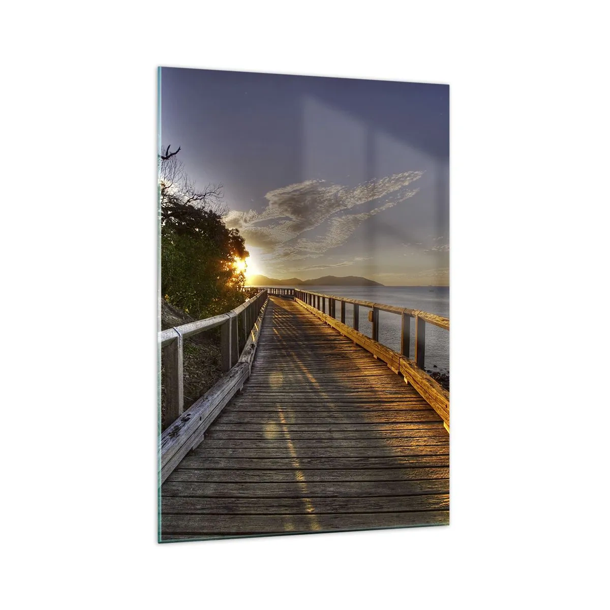 Impression sur verre - Image sur verre - Une jetée en bois mène vers le coucher de soleil sur l'eau - 70x100cm - Aller, aller tout le temps en direction du soleil - Décoration murale moderne pour le salon et la chambre ARTTOR