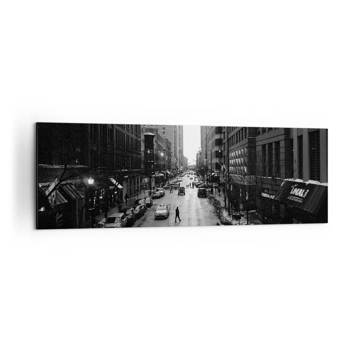 Impression sur toile - Image sur toile - Une rue en noir et blanc au milieu de la ville avec des voitures et des piétons - 160x50cm - Un autre jour comme tous les autres jours - Décoration murale moderne pour le salon et la chambre ARTTOR