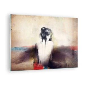 Impression sur verre - Image sur verre - Un portrait subtil d'une femme sur un fond de paysage pastel. - 70x50cm - Lignes lisses, formes ovales - Décoration murale moderne pour le salon et la chambre ARTTOR