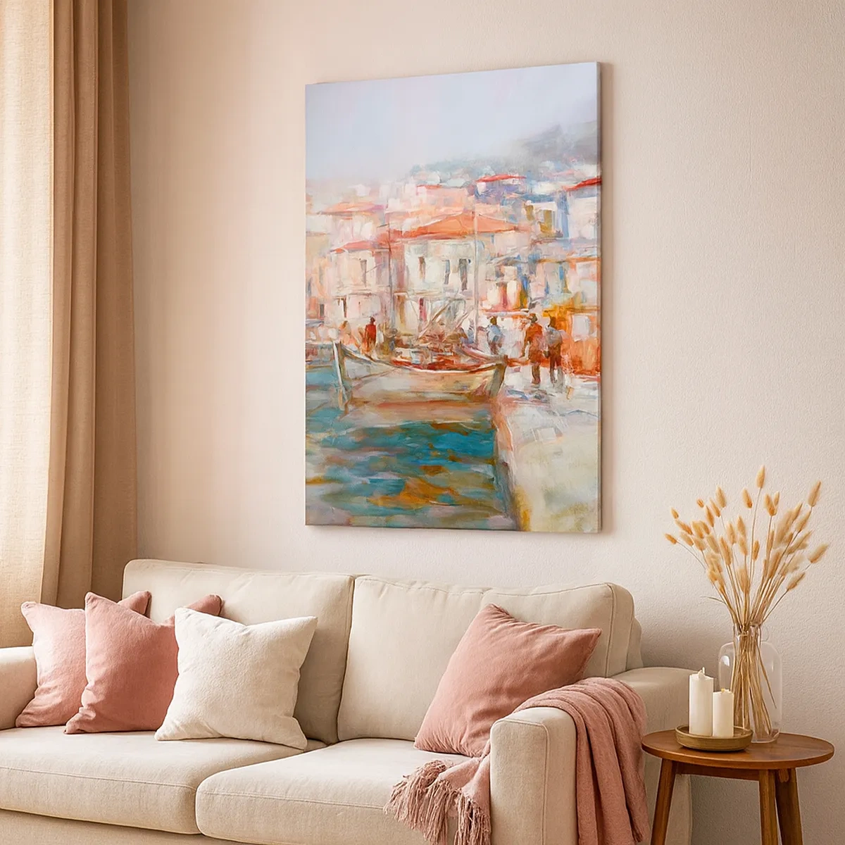 Impression sur toile - Image sur toile - Impression de port avec bateaux et bâtiments - 50x70cm - Vacances pastelles - Décoration murale moderne pour le salon et la chambre ARTTOR