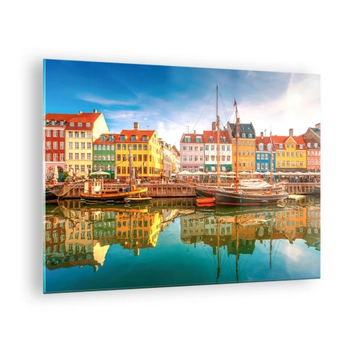 Impression sur verre - Image sur verre - Maisons colorées sur le canal avec des reflets dans l'eau - 70x50cm - Aussi lisse qu'un miroir au-dessus de l'eau - Décoration murale moderne pour le salon et la chambre ARTTOR